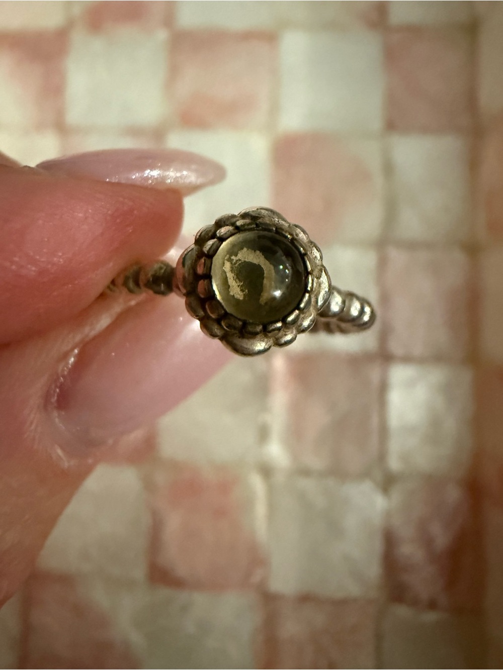 Sterling Silver Floral Bezel Ring with Olive Green Stone Pandora size 6
